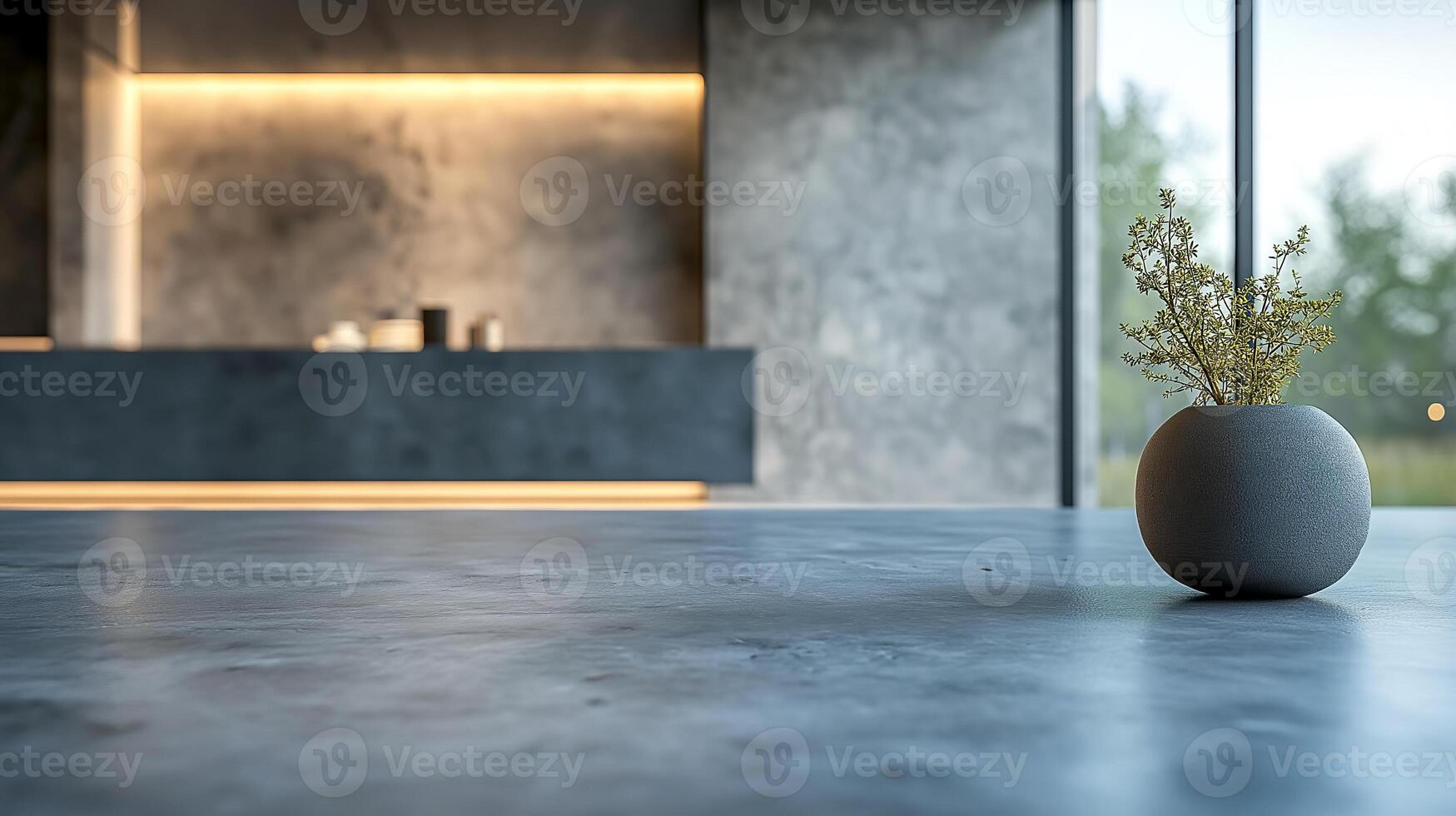Textured kitchen space with minimalist vase and plant set against a modern backdrop during daytime. A minimalist kitchen features a textured stone countertop with a small vase holding greenery photo