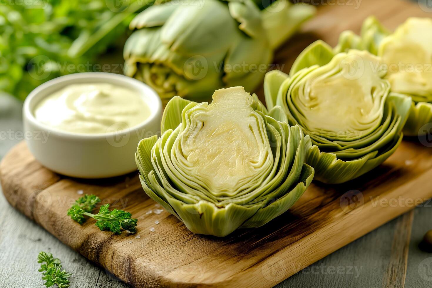 Fresh artichoke hearts served with dipping sauce on a wooden board beside greens in a cozy kitchen setting. Sliced artichoke hearts on a wooden board next to a small bowl of creamy sauce photo