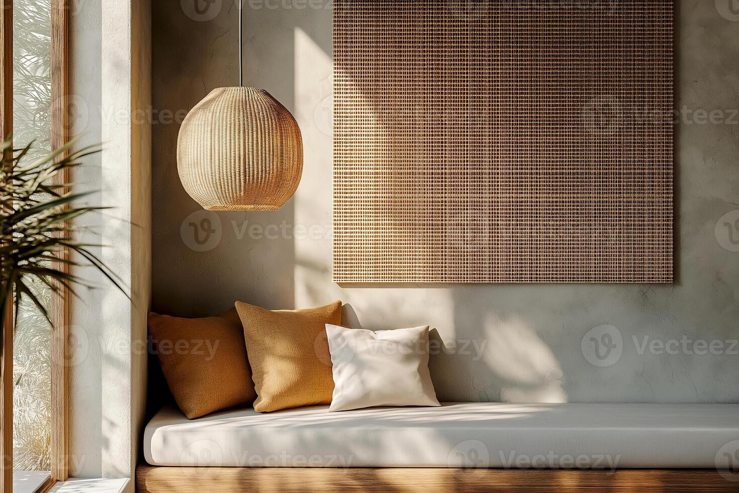 Cozy corner with natural textures and warm lighting in a serene home setting. Soft sunlight filters through, highlighting the warm tones of cushions and natural materials against a textured wall photo