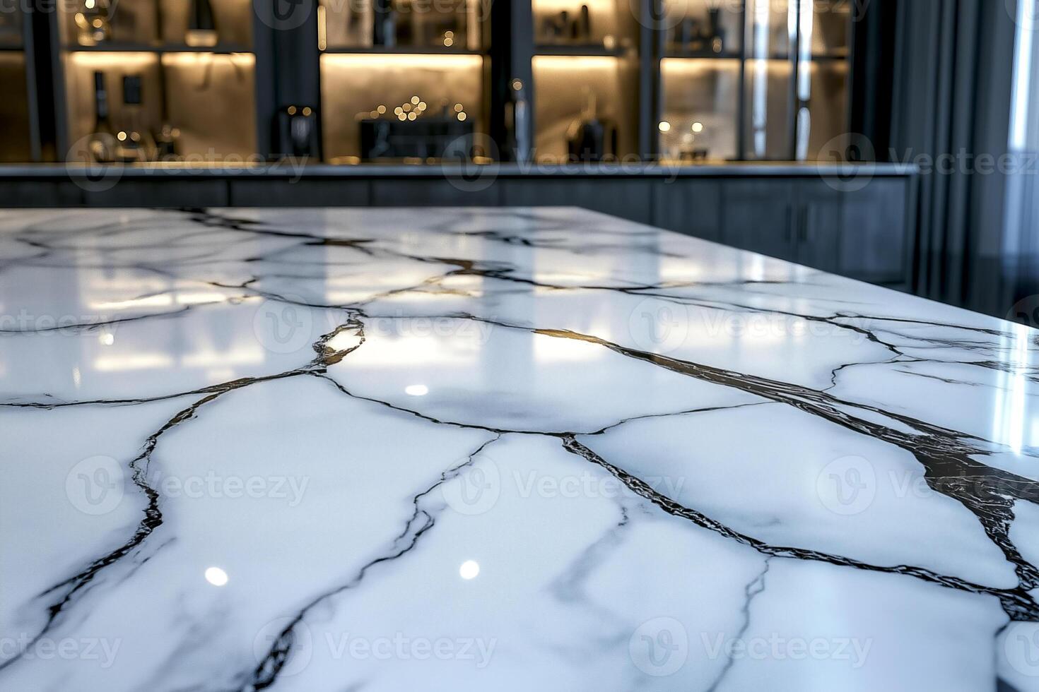 Elegant white marble countertop showcasing intricate black veining in a modern kitchen setting. polished white marble countertop displays striking black veining, highlighting its luxurious appeal photo