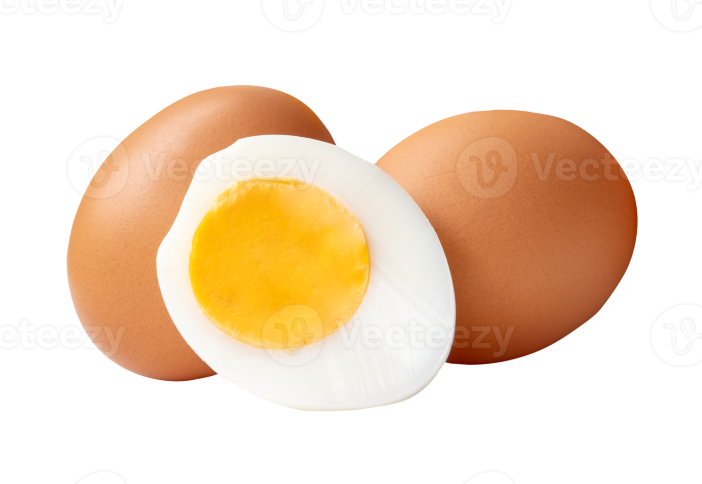 Two raw brown chicken eggs and cooked or boiled chicken egg with egg yolk in half in small pile isolated with clipping path in file format png