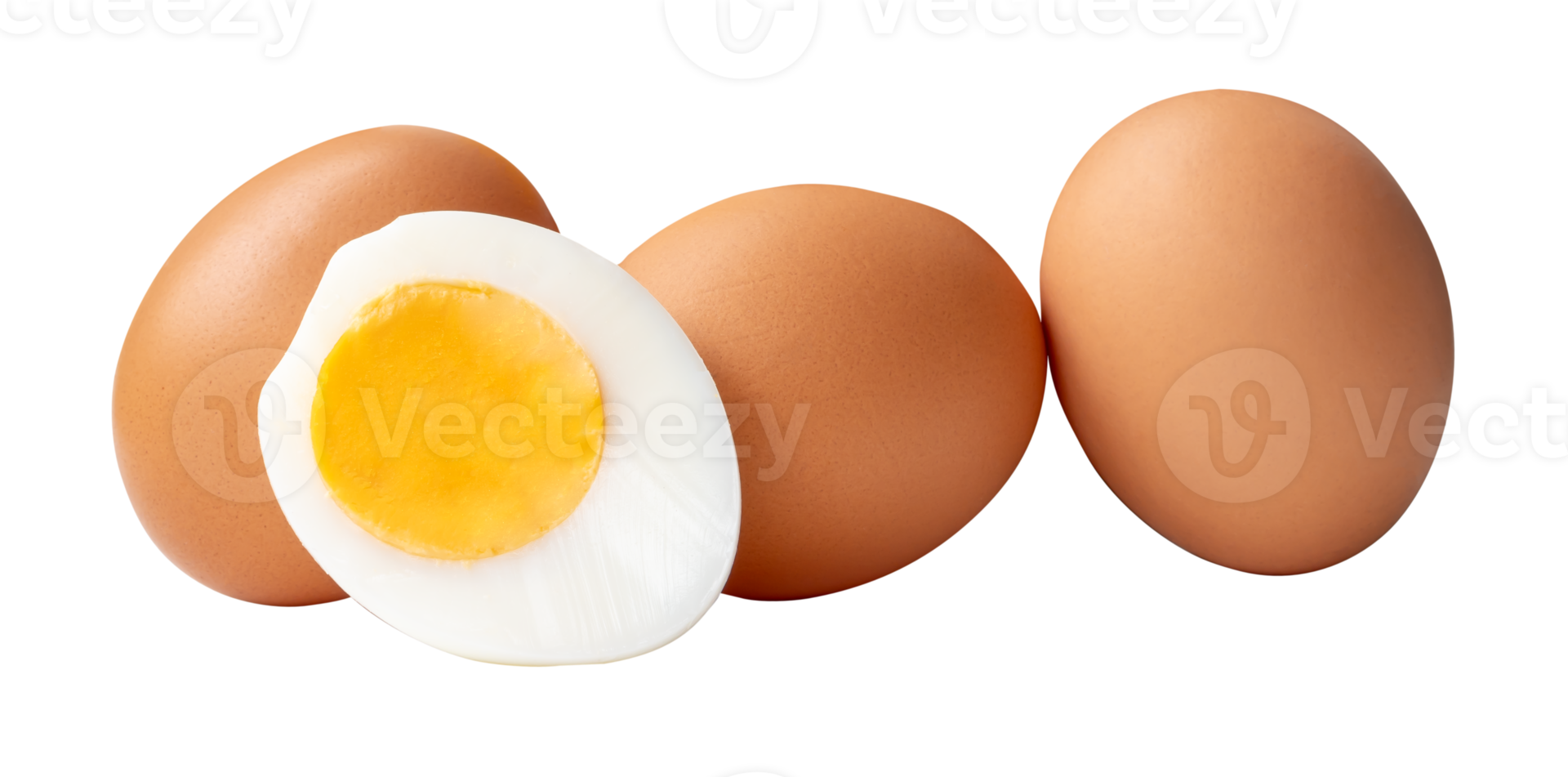 Front view or top view of raw brown chicken eggs and cooked or boiled chicken egg with egg yolk in half in pile or stack isolated with clipping path in file format png