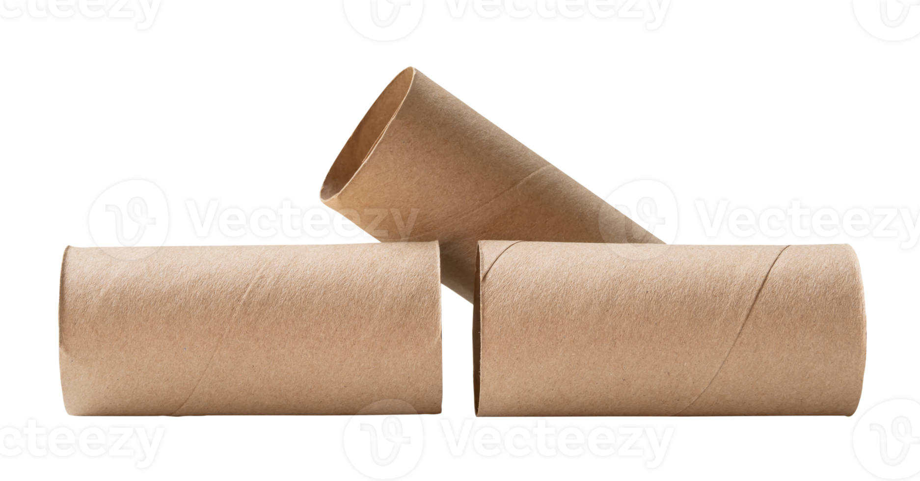 Three tissue paper cores or toilet paper tubes in pile after used out in toilet or restroom isolated with clipping path in file format png