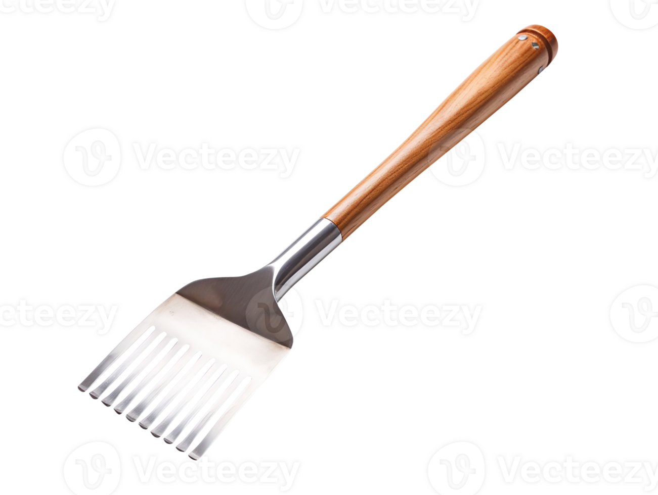 Metal rake with a wooden handle isolated on transparent background png