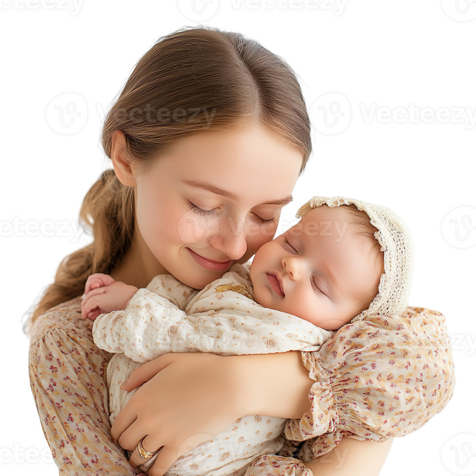 Mother hugging newborn baby isolated on a transparent background png