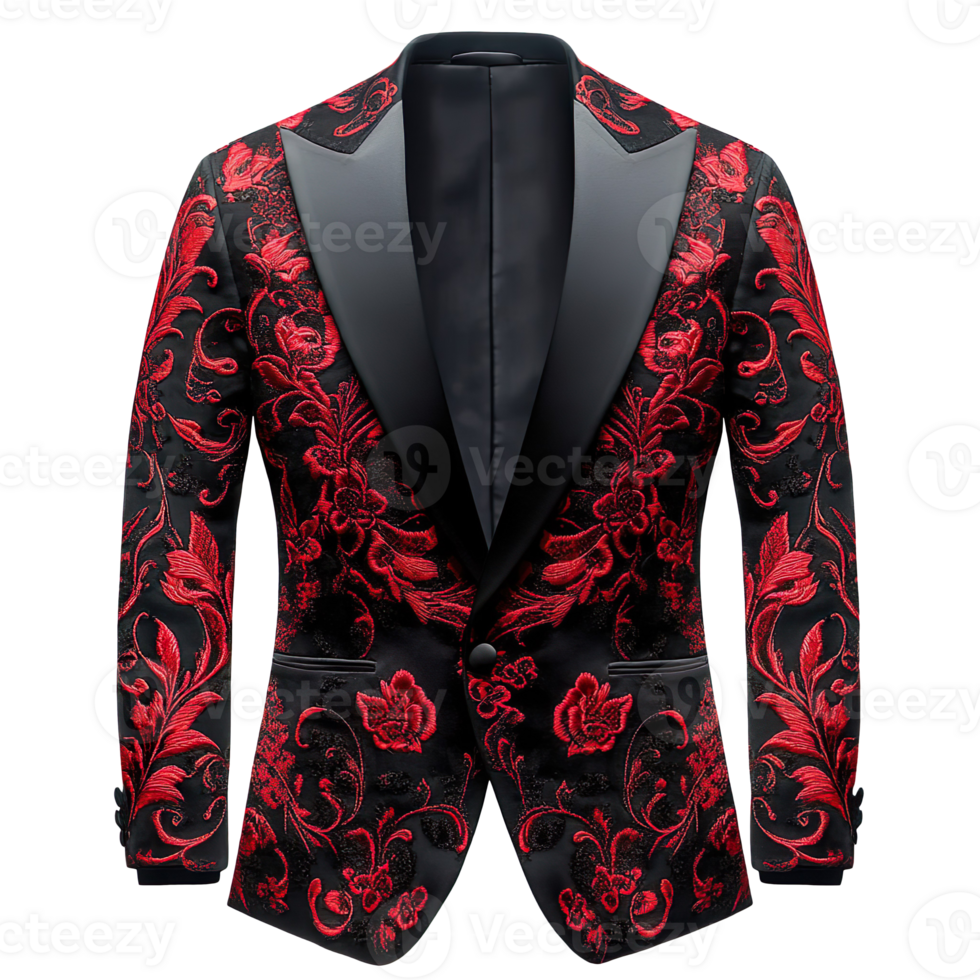 Mens Shawl Lapel Black and Red Embroidered isolated on transparent background png