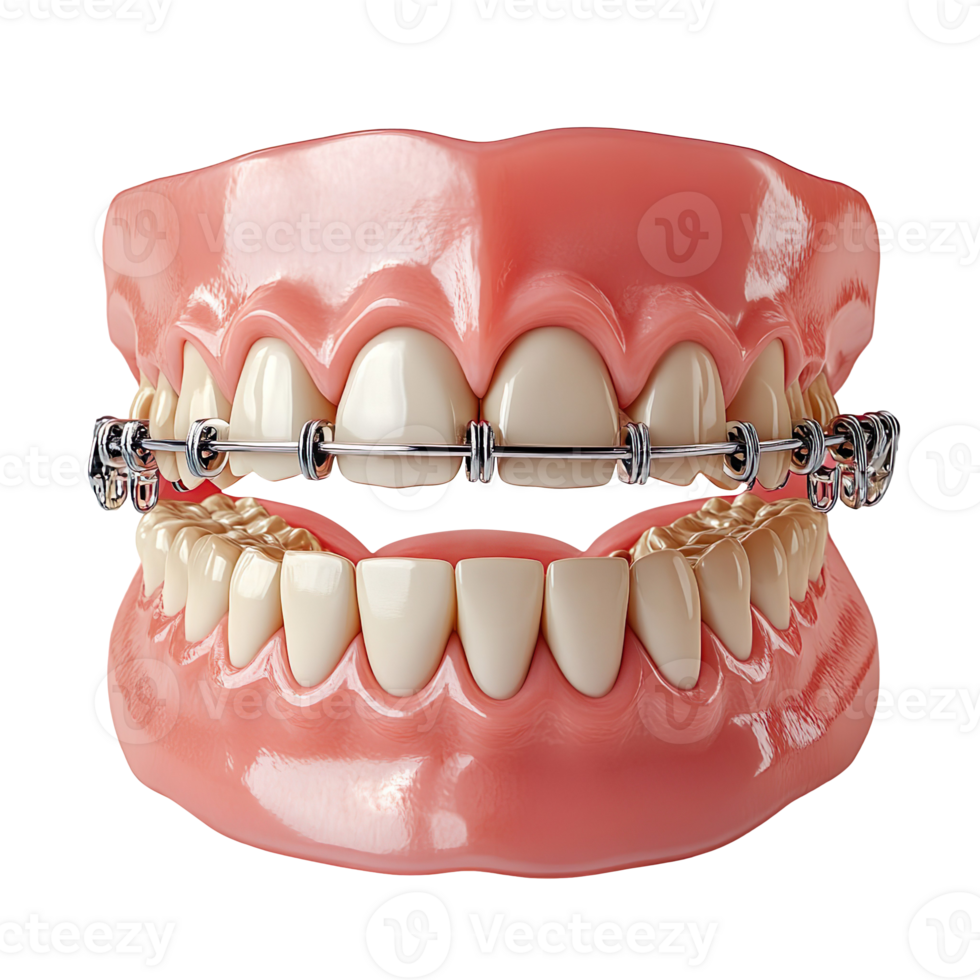 Model of teeth with orthodontic braces isolated on transparent background png