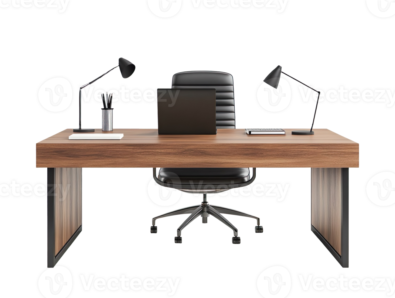 office desk with laptop, chair and lamp on it isolated on transparent background png