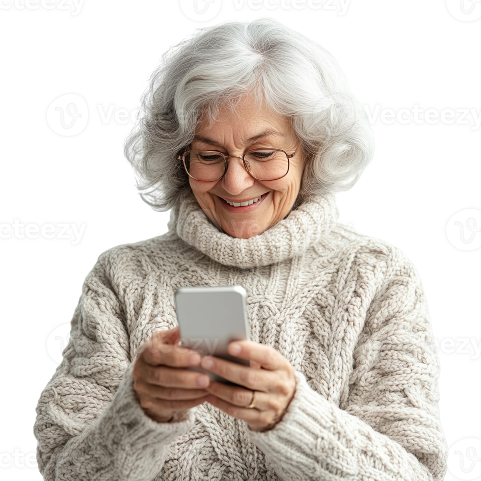 Older woman smiling and looking at her smartphone isolated on transparent background png