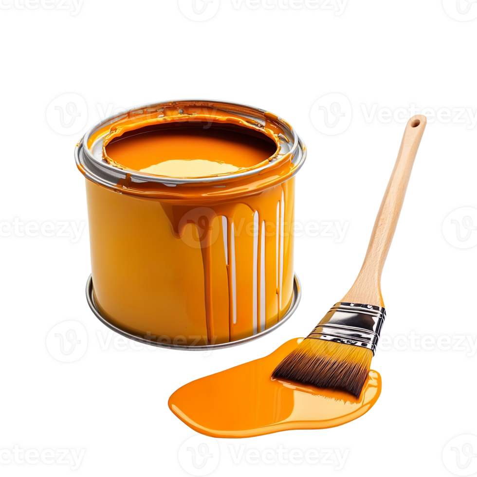 Open paint can and brush with dripping isolated on transparent background png