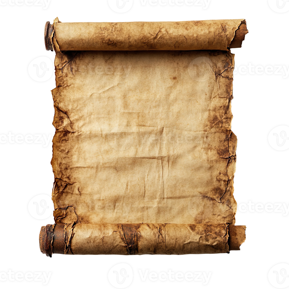 Old mediaeval paper sheet parchment scroll isolated on transparent background png