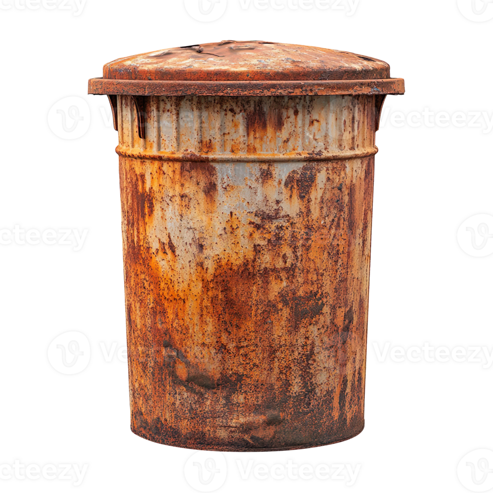 Old rusty metal trash bin isolated on transparent background png