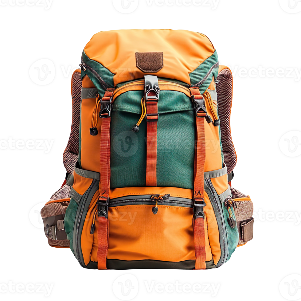 Orange and green hiking backpack with zippers isolated on transparent background png