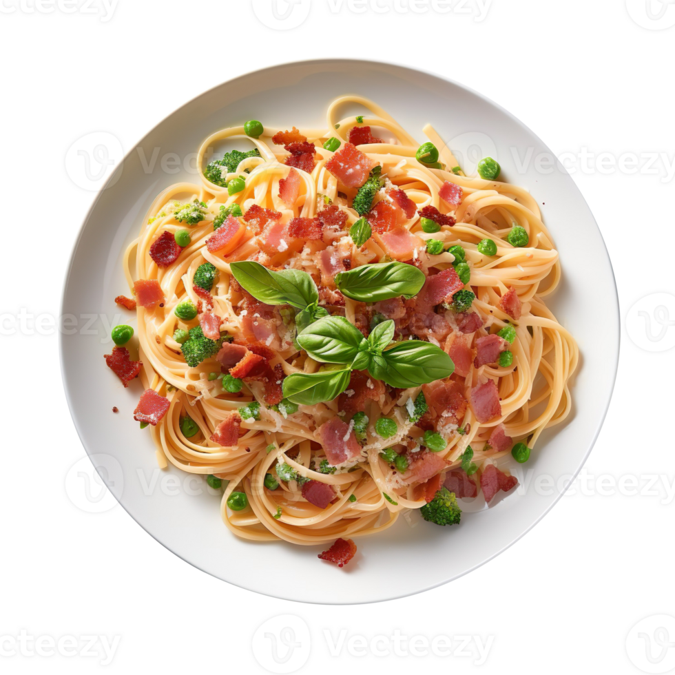 pasta with bacon and basil on a plate isolated on transparent background png