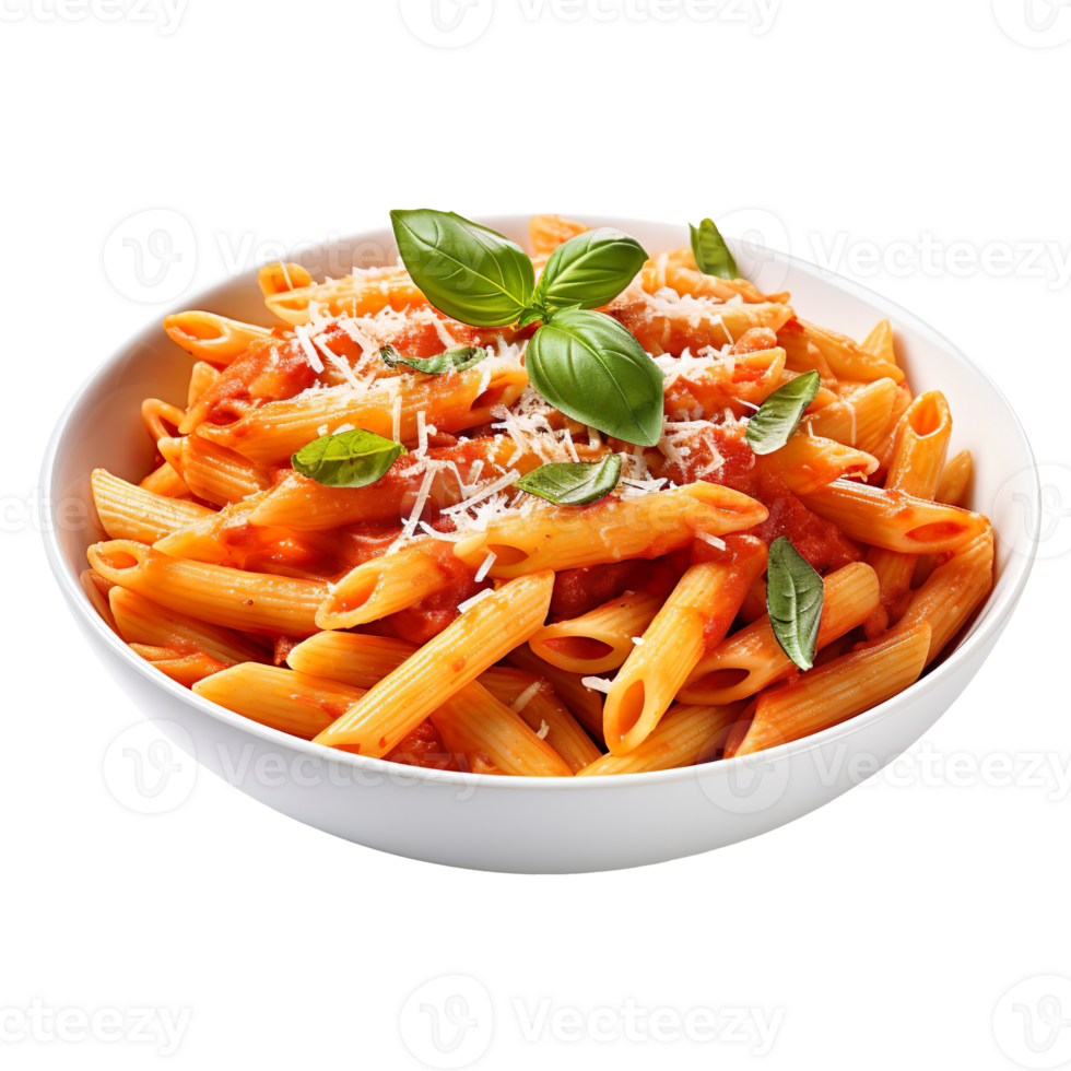 Penne pasta with tomato sauce, parmesan cheese and basil isolated on transparent background png