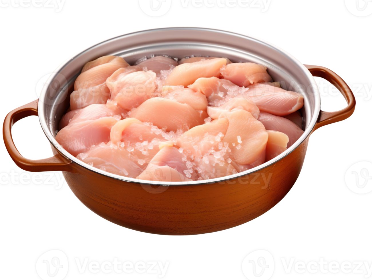 Pieces of raw chicken meat in a saucepan isolated on transparent background png