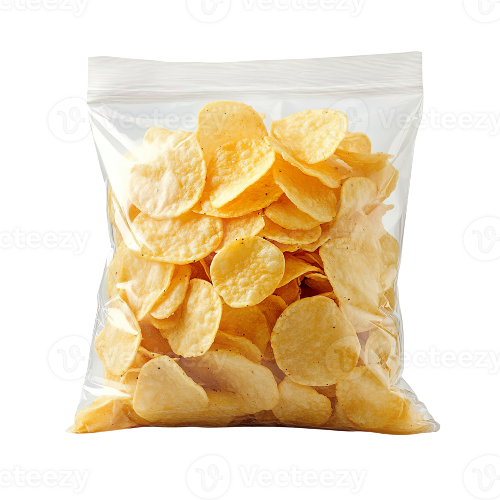 Plastic pillow bag filled with potato chips isolated on transparent background png
