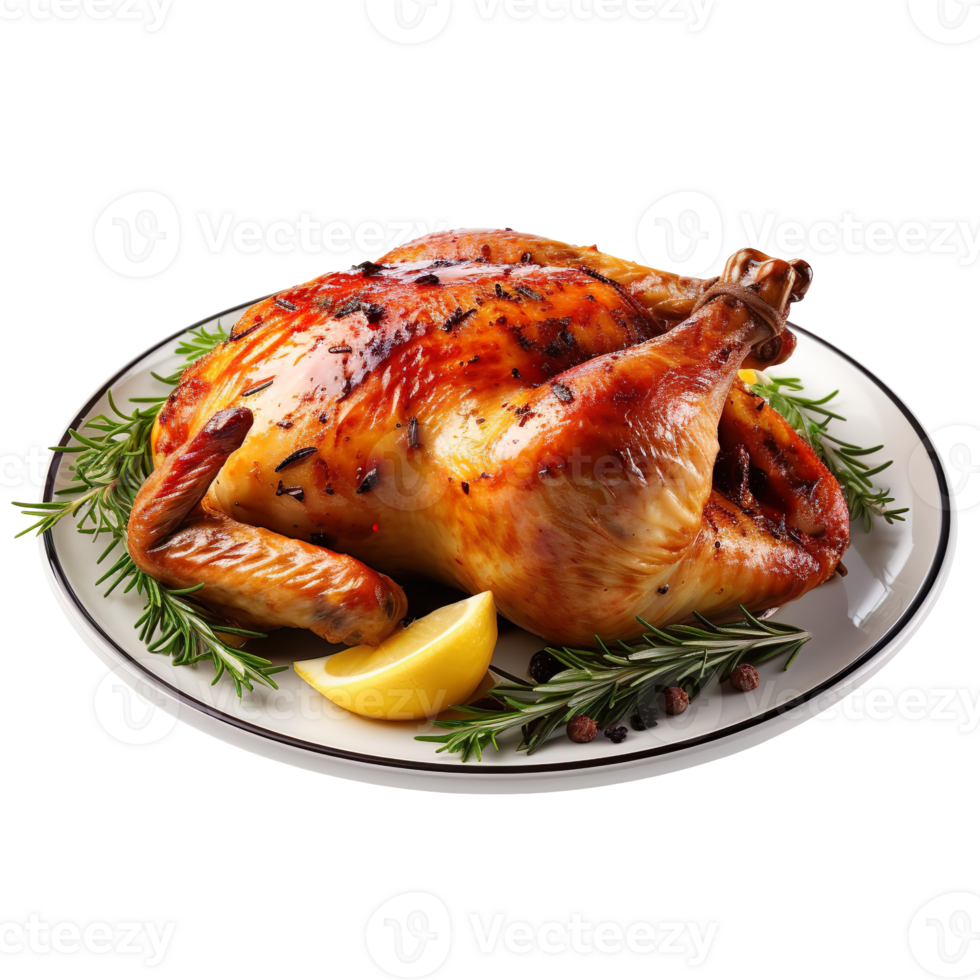 Plate with tasty roasted chicken isolated on transparent background png