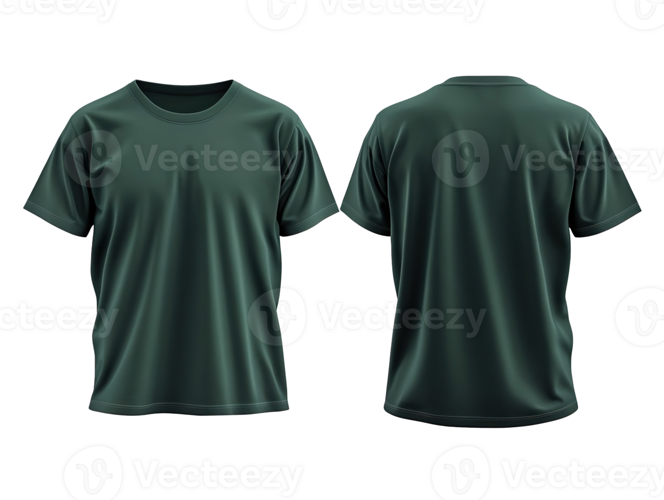 plain dark green t-shirt mockup template, front and back view isolated on transparent background png