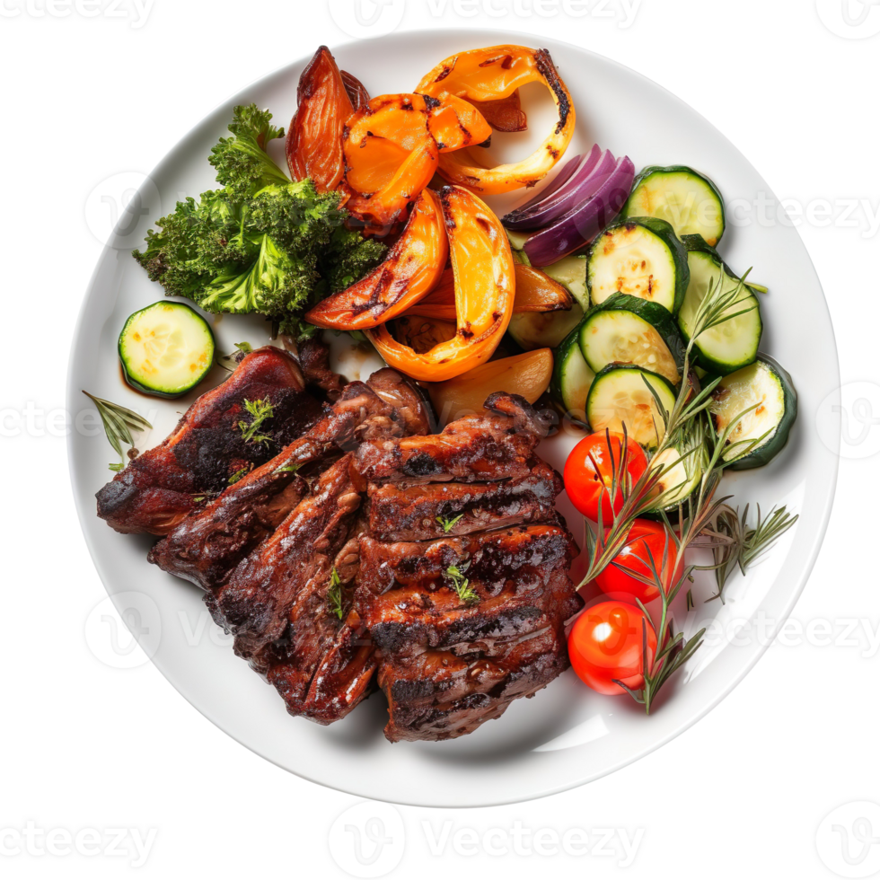 Plate of Grilled Ribs and Vegetables isolated on transparent background png