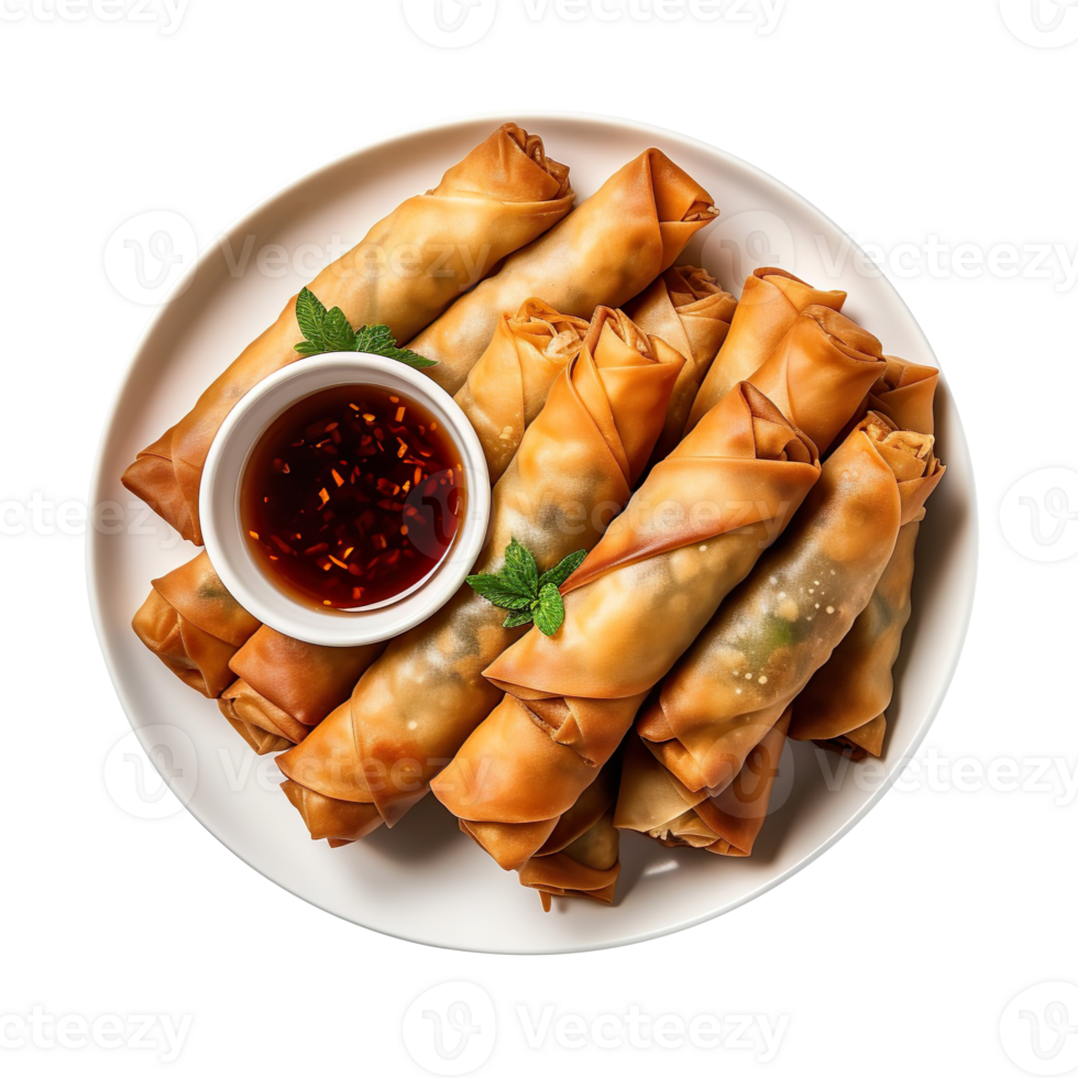 plate of spring rolls with dipping sauce isolated on a transparent background png