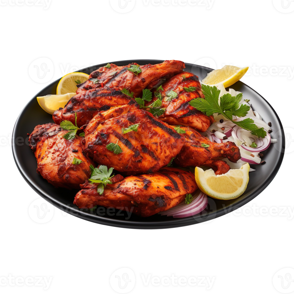 Plate of tasty chicken tandoori isolated on transparent background png