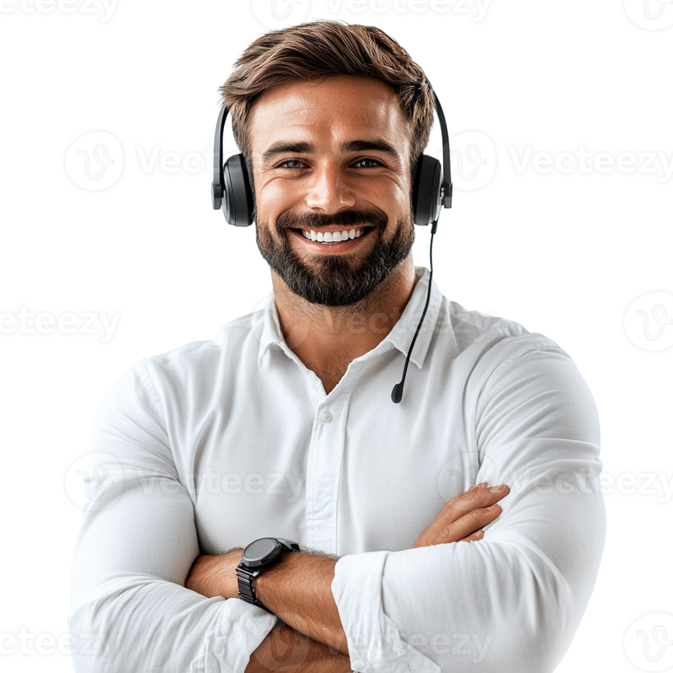 Portrait of a happy call center man arms crossed isolated on a transparent background png