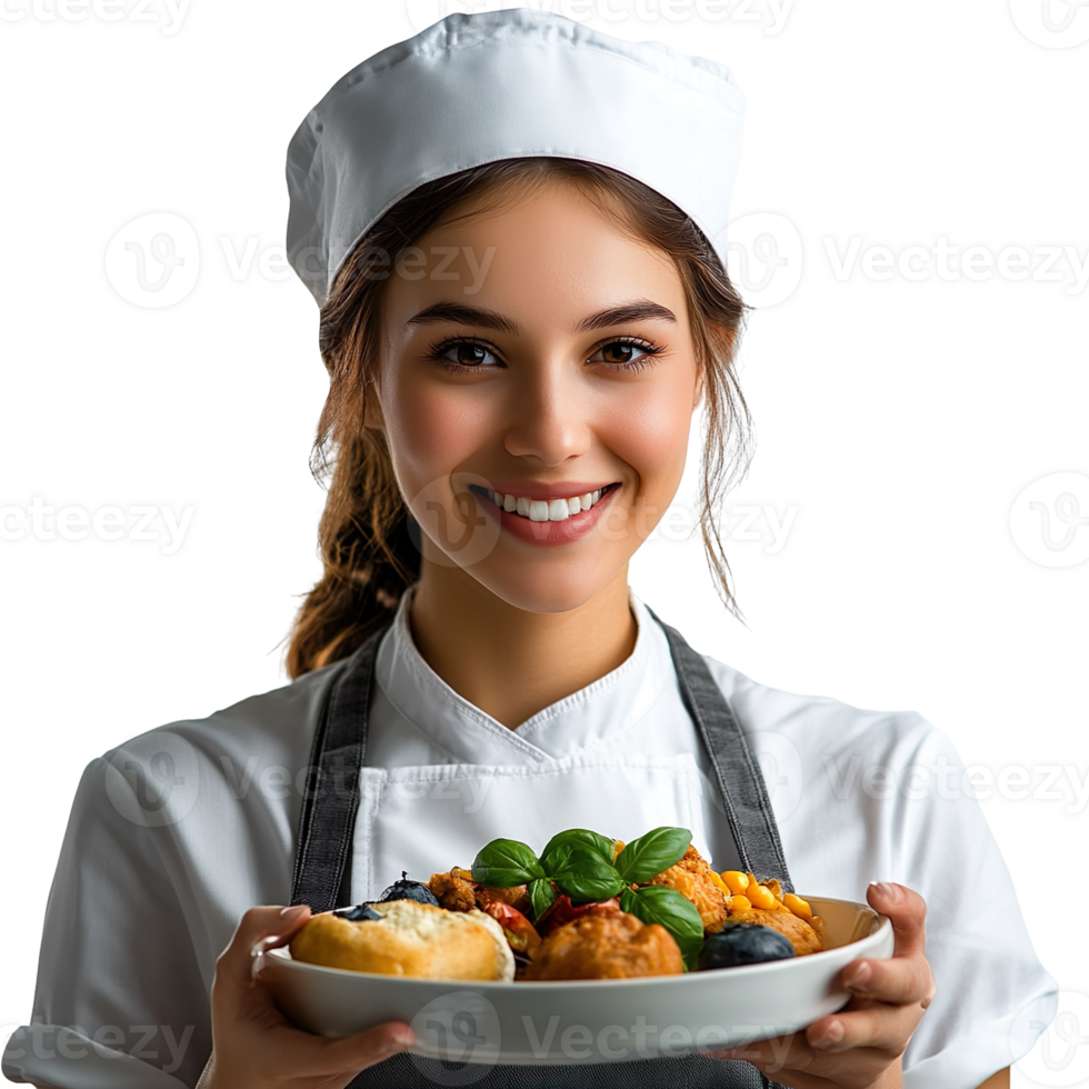 Portrait of a happy smiling waitress and food service woman isolated on transparent background png