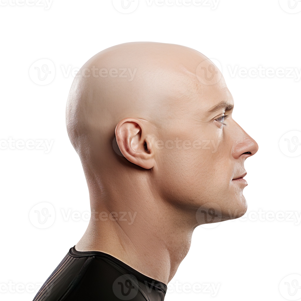 Portrait of a bald man head side view isolated on a transparent background png