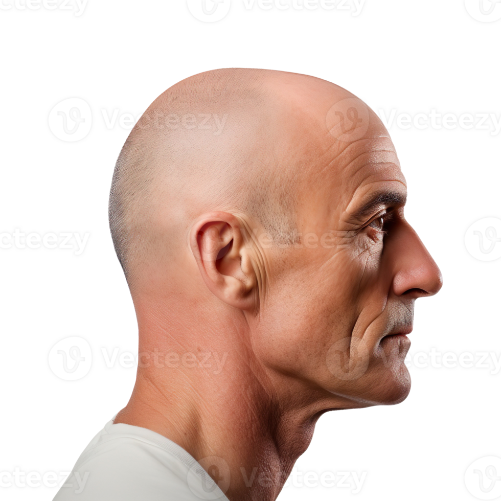 Portrait of a bald man head side view isolated on transparent background png