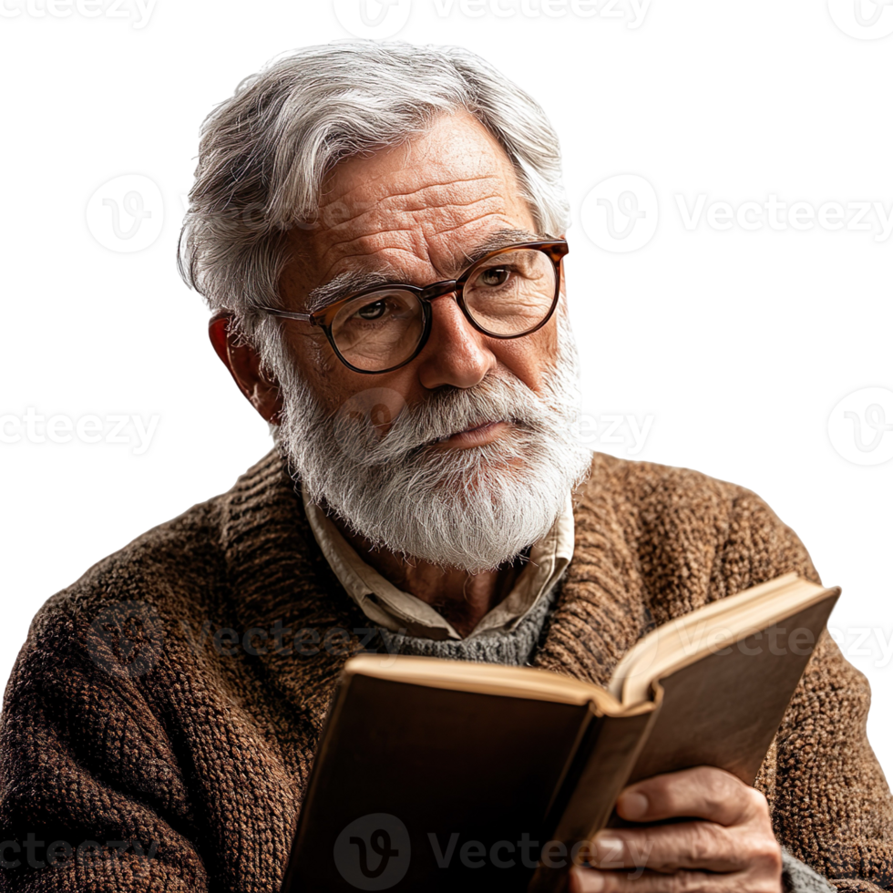 Portrait of a senior man reading a book isolated on transparent background png