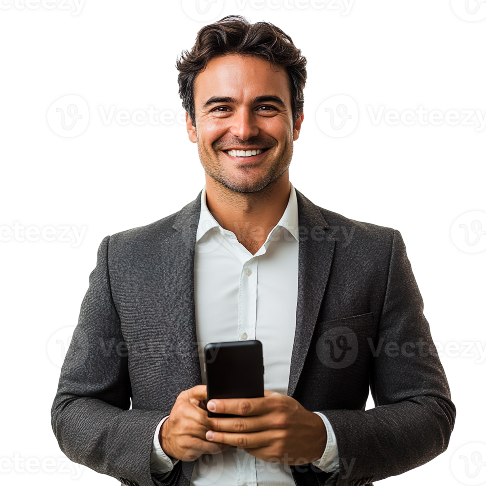 Portrait of a smiling businessman holding a phone isolated on transparent background png
