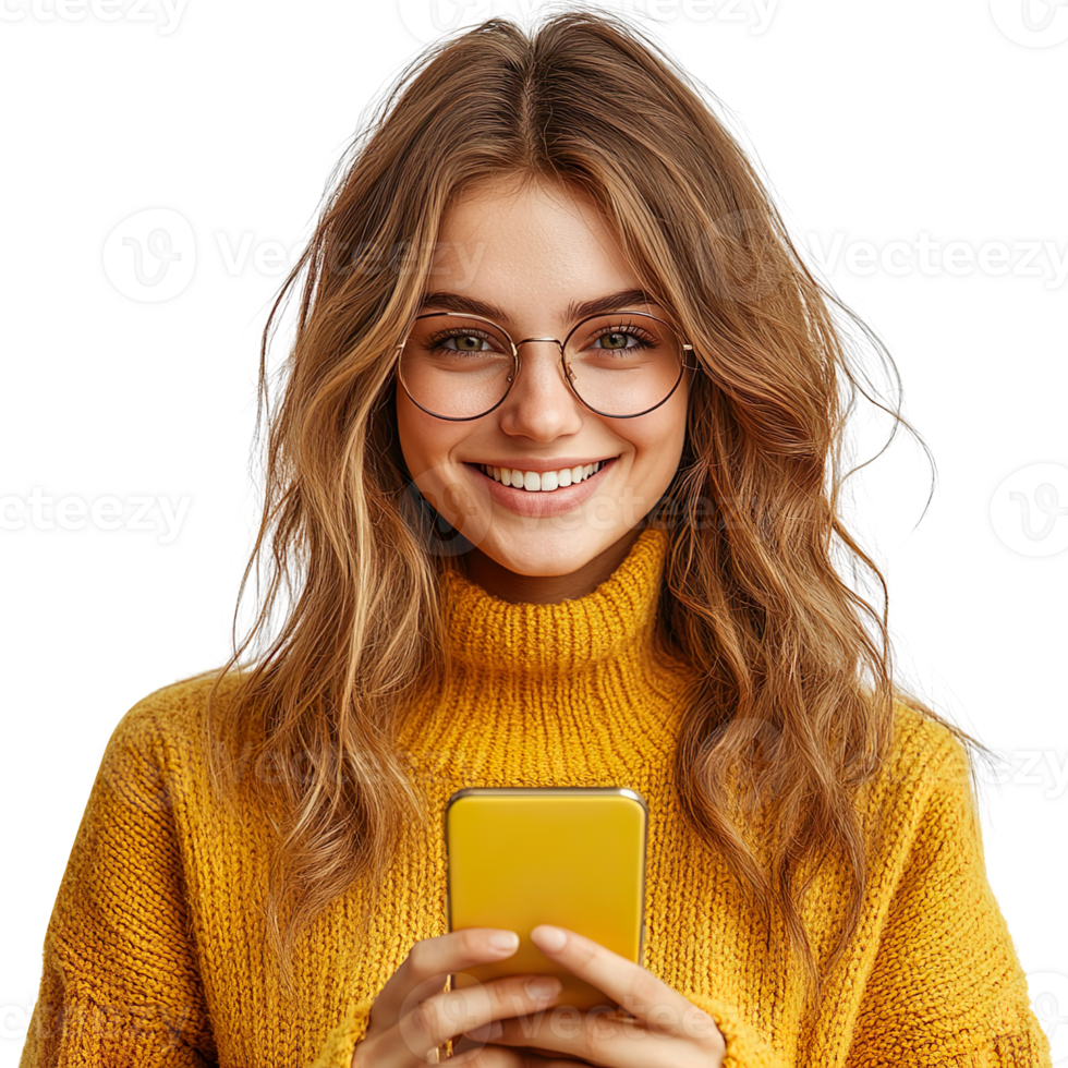 Portrait of a happy woman using mobile phone isolated on a transparent background png