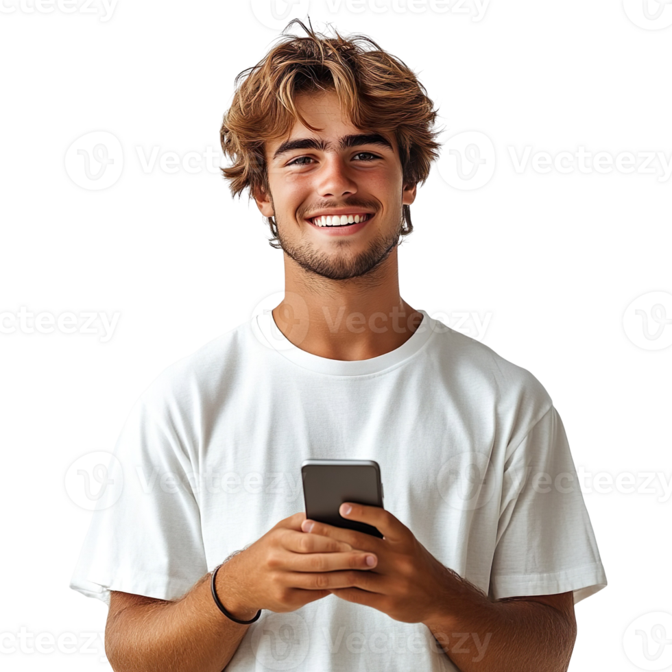 Portrait of happy young man using mobile phone isolated on transparent background png