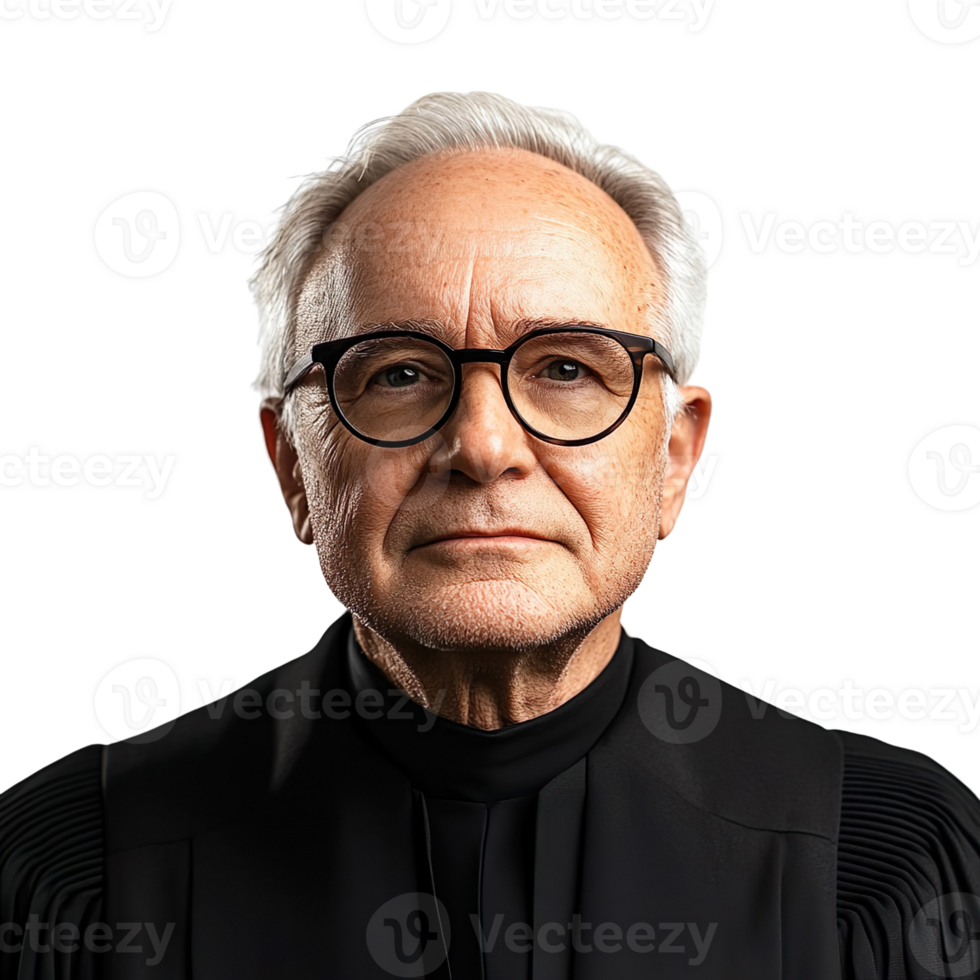 Portrait of senior judge in black gown and eyeglasses isolated on transparent background png