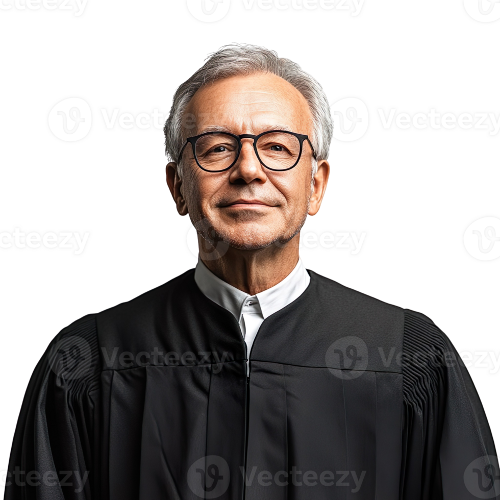Portrait of a senior judge in black gown and eyeglasses isolated on a transparent background png