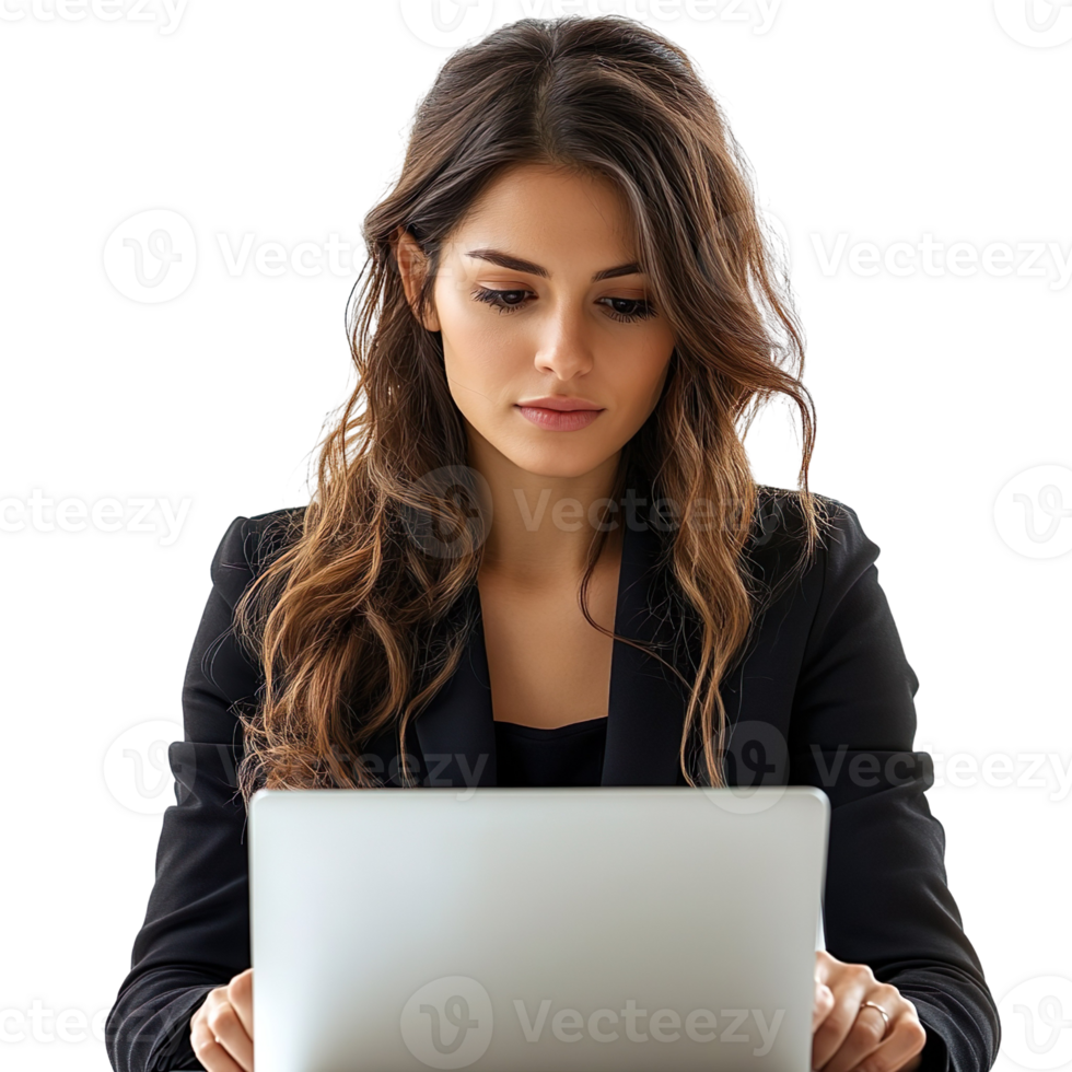 Professional female in black suit working on laptop isolated on transparent background png