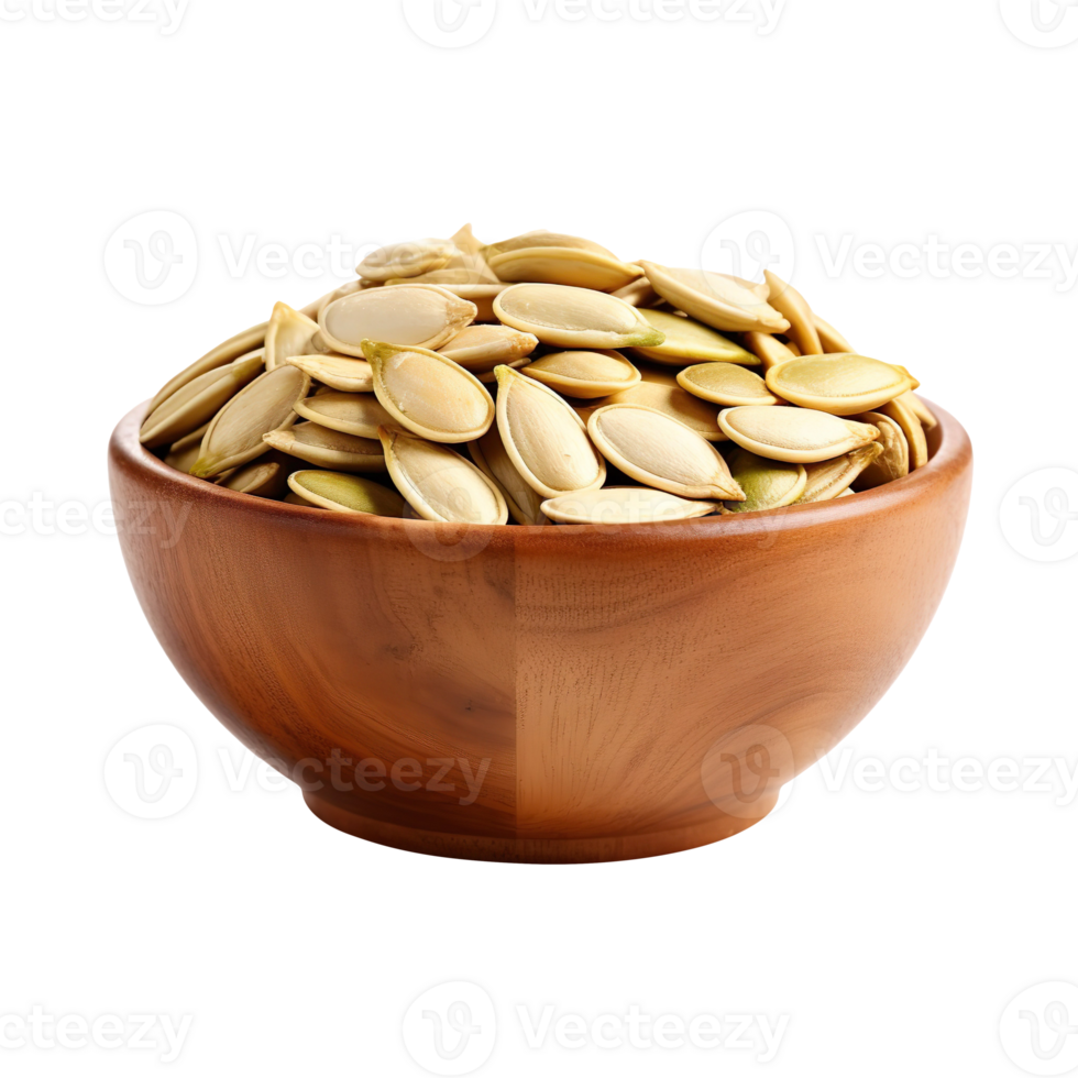 Pumpkin seed in a wooden bowl isolated on transparent background png