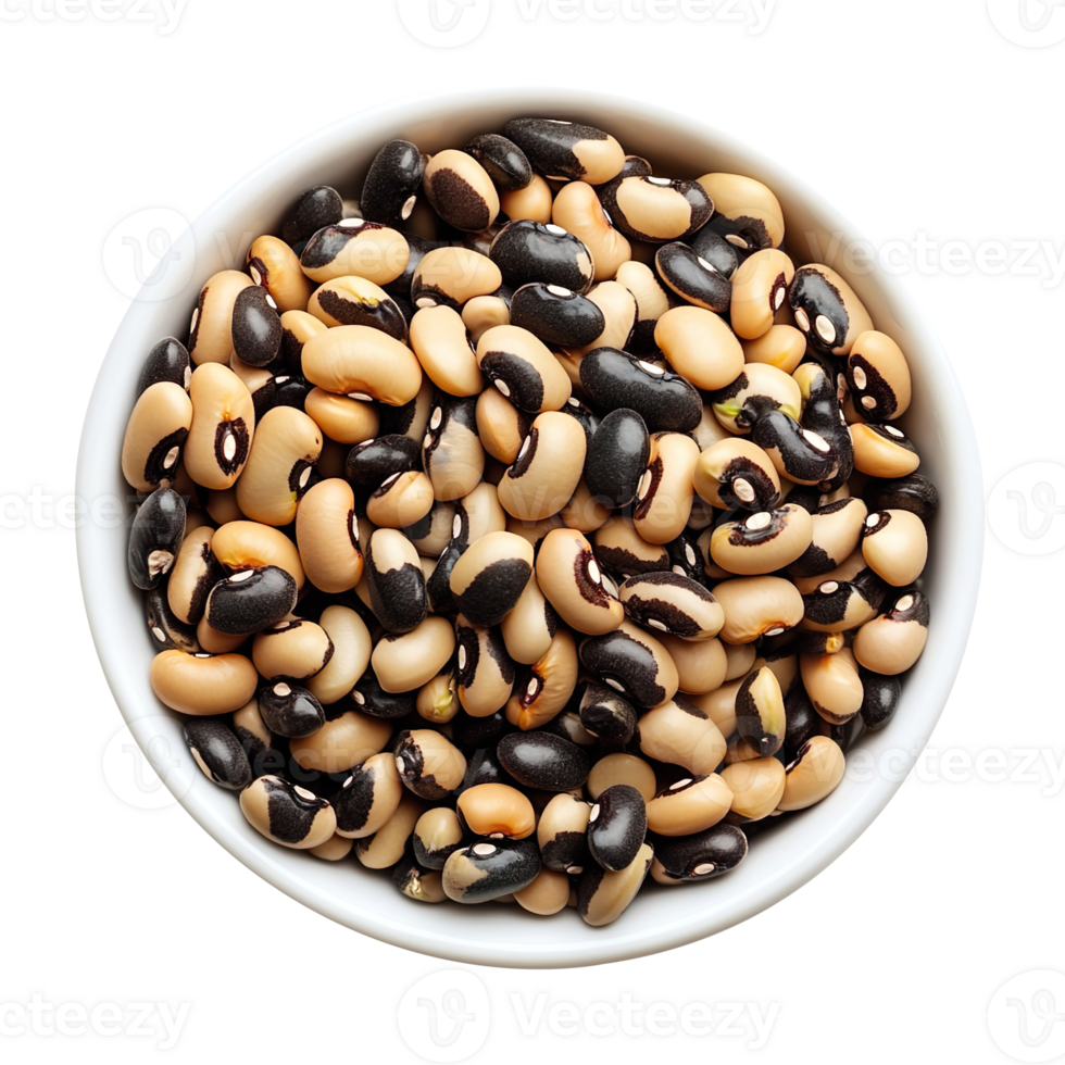 Raw black eyed pea beans in a white bowl isolated on transparent background png