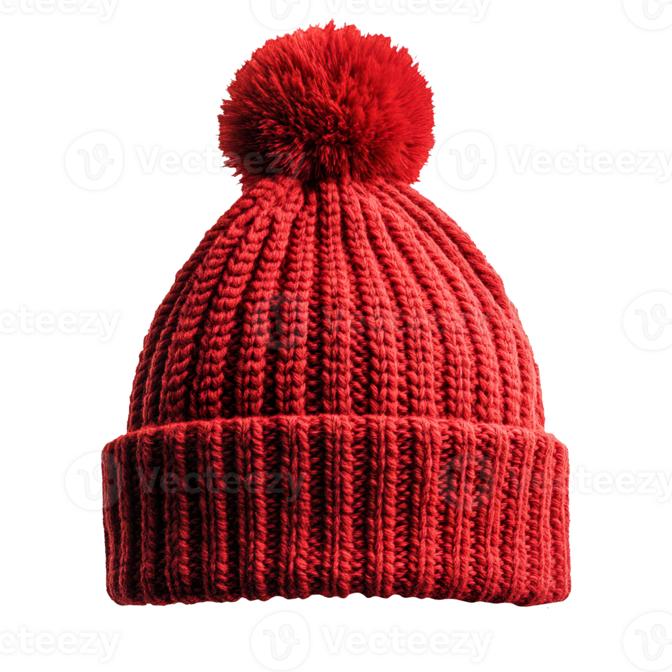Red and knitted winter hat with a pom pom isolated on transparent background png
