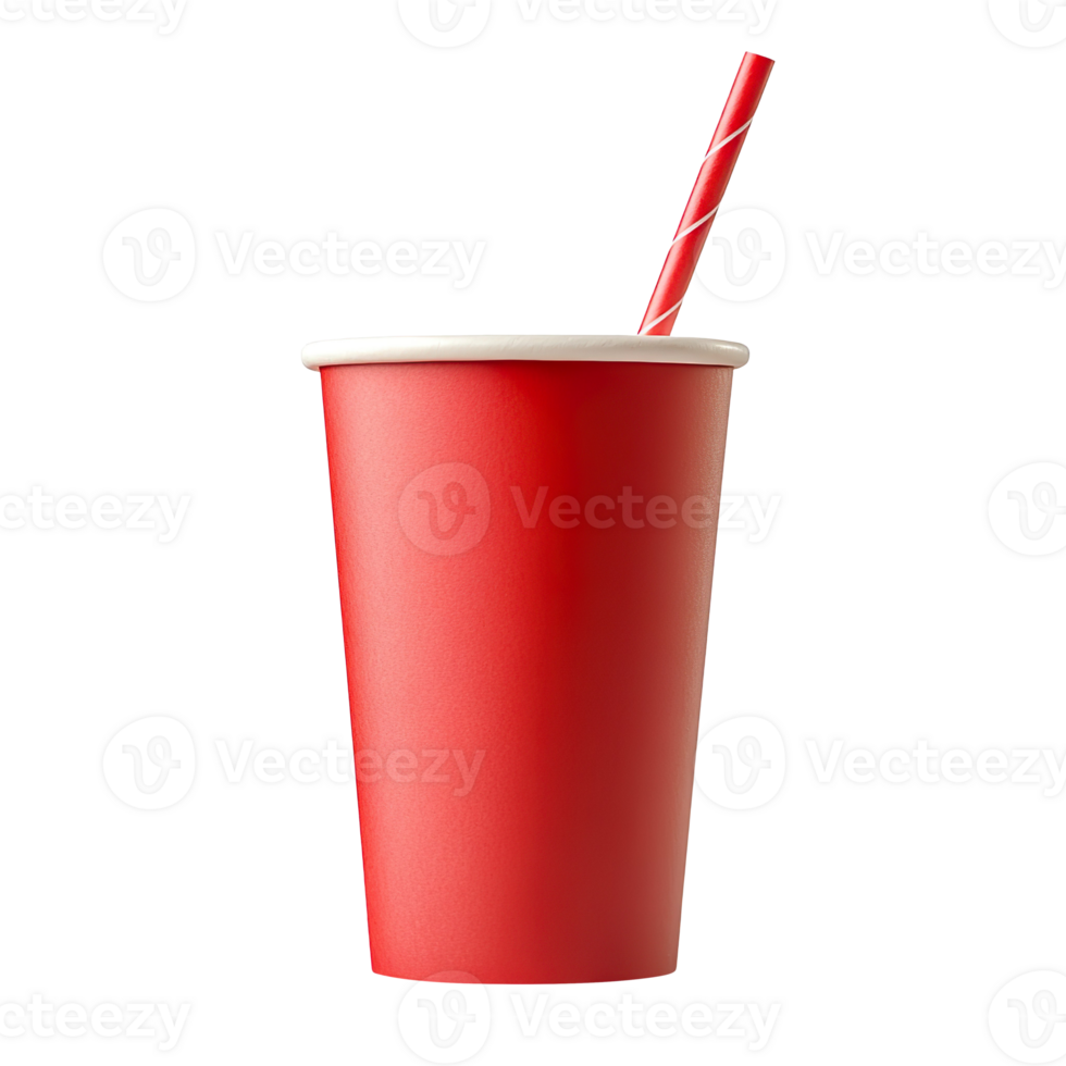 Red paper cup with drinking straw isolated on transparent background png