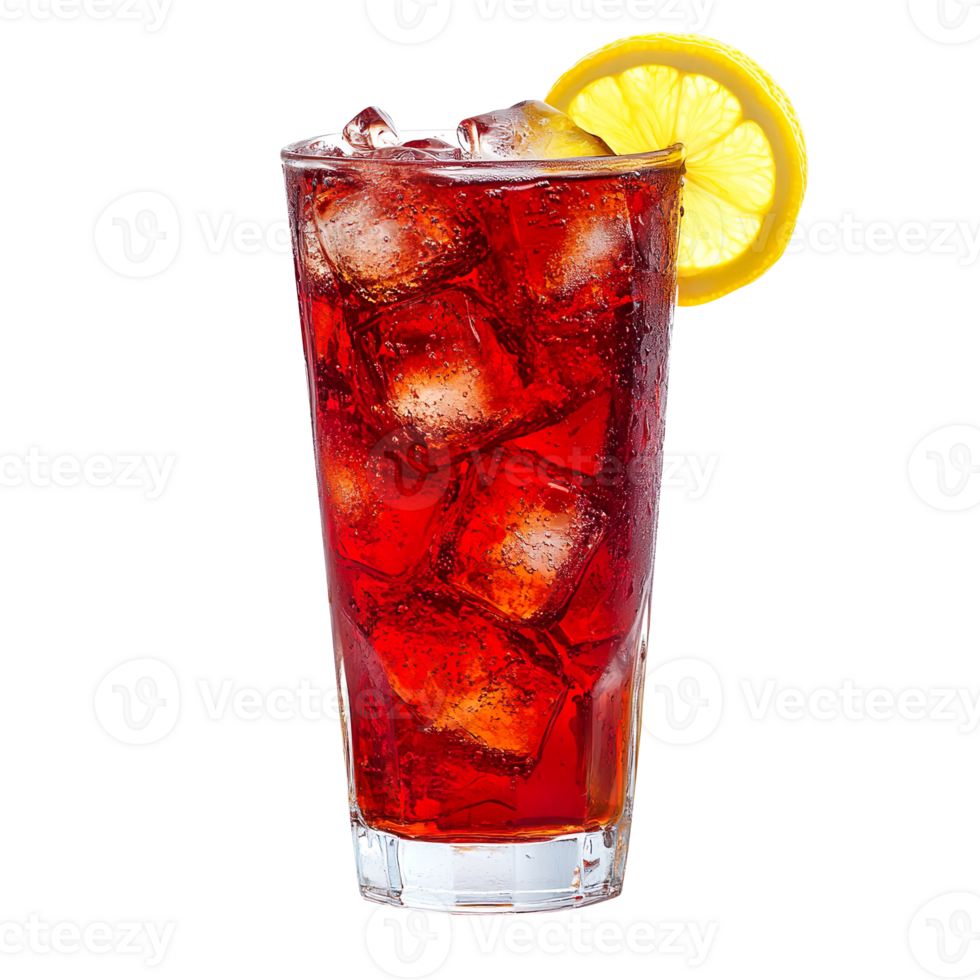 red soda with ice and lemon isolated on transparent background png