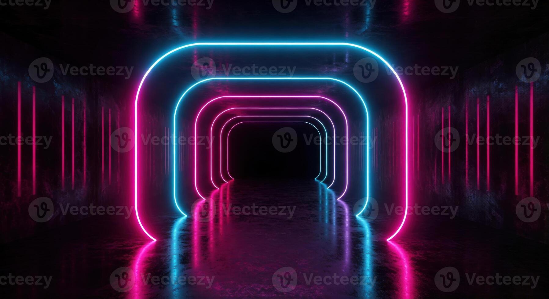 Neon light tunnel with a dark background photo