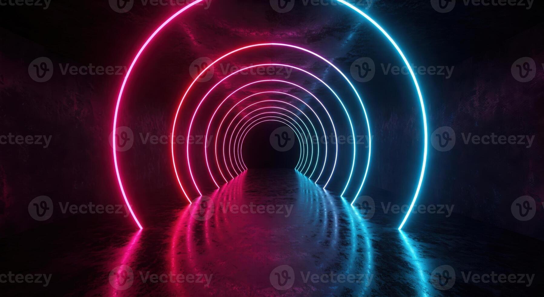 A neon tunnel with a light at the end photo