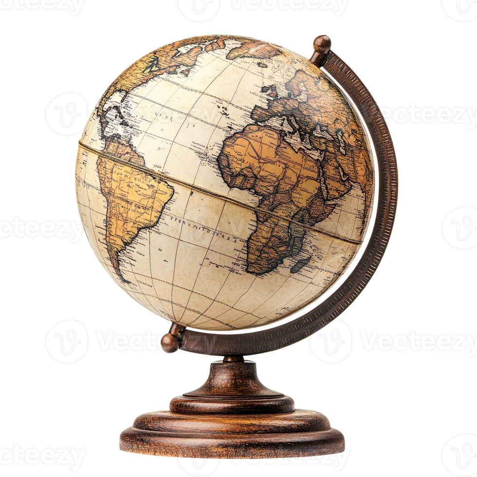 Retro globe with detailed geographical map isolated on transparent background png