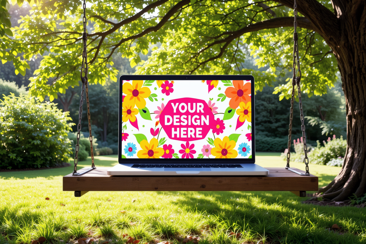 Laptop on a garden swing, mockup for design presentation psd