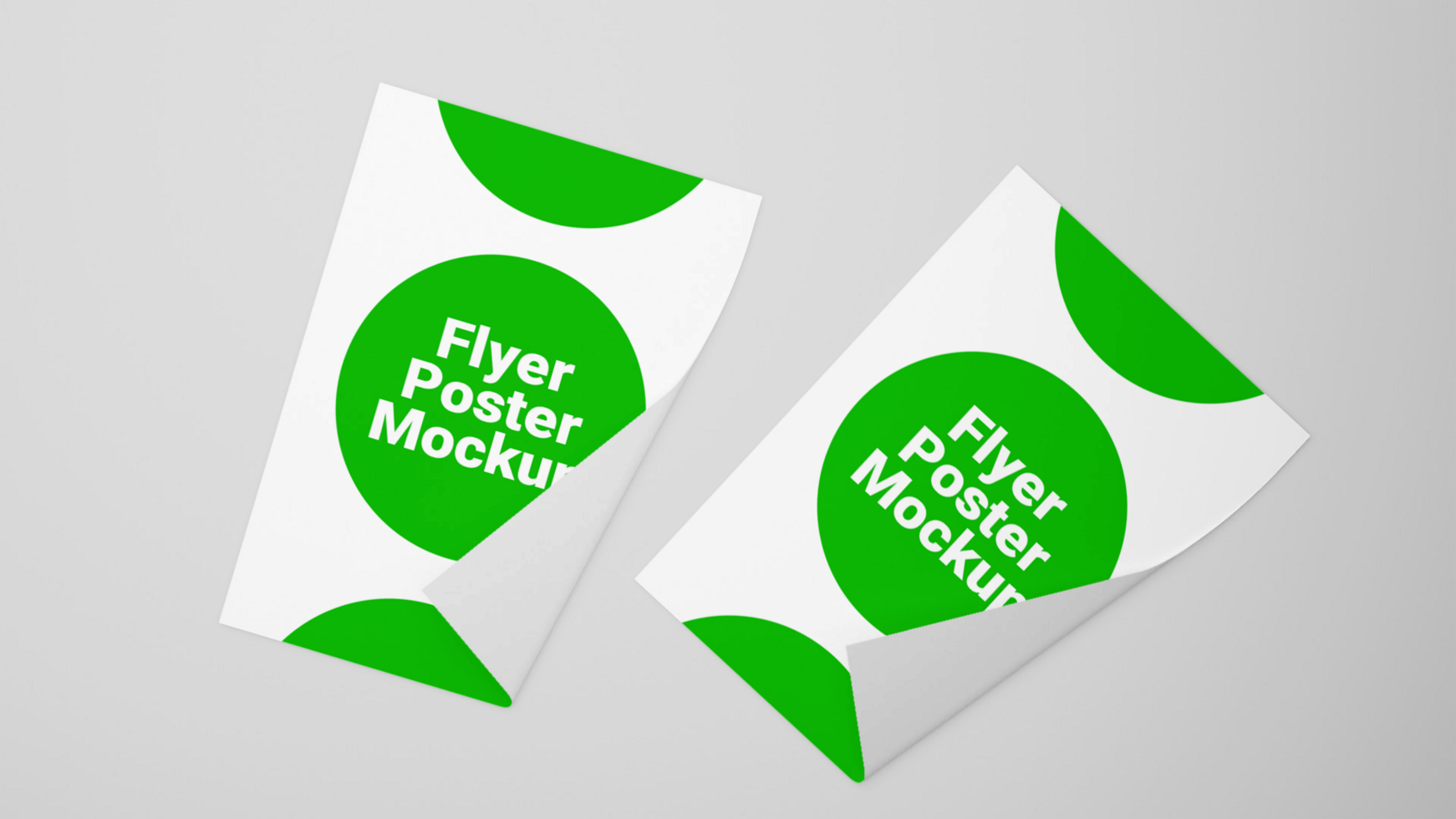 Two green and white paper flyers with the words flyer poster mockup psd