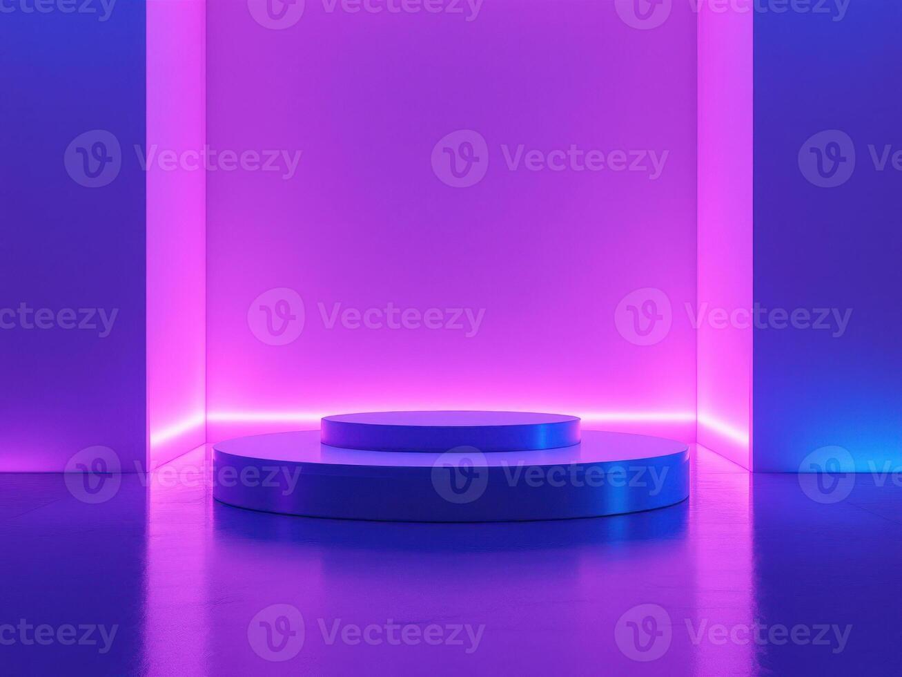 A purple and blue room with a stage and a light photo