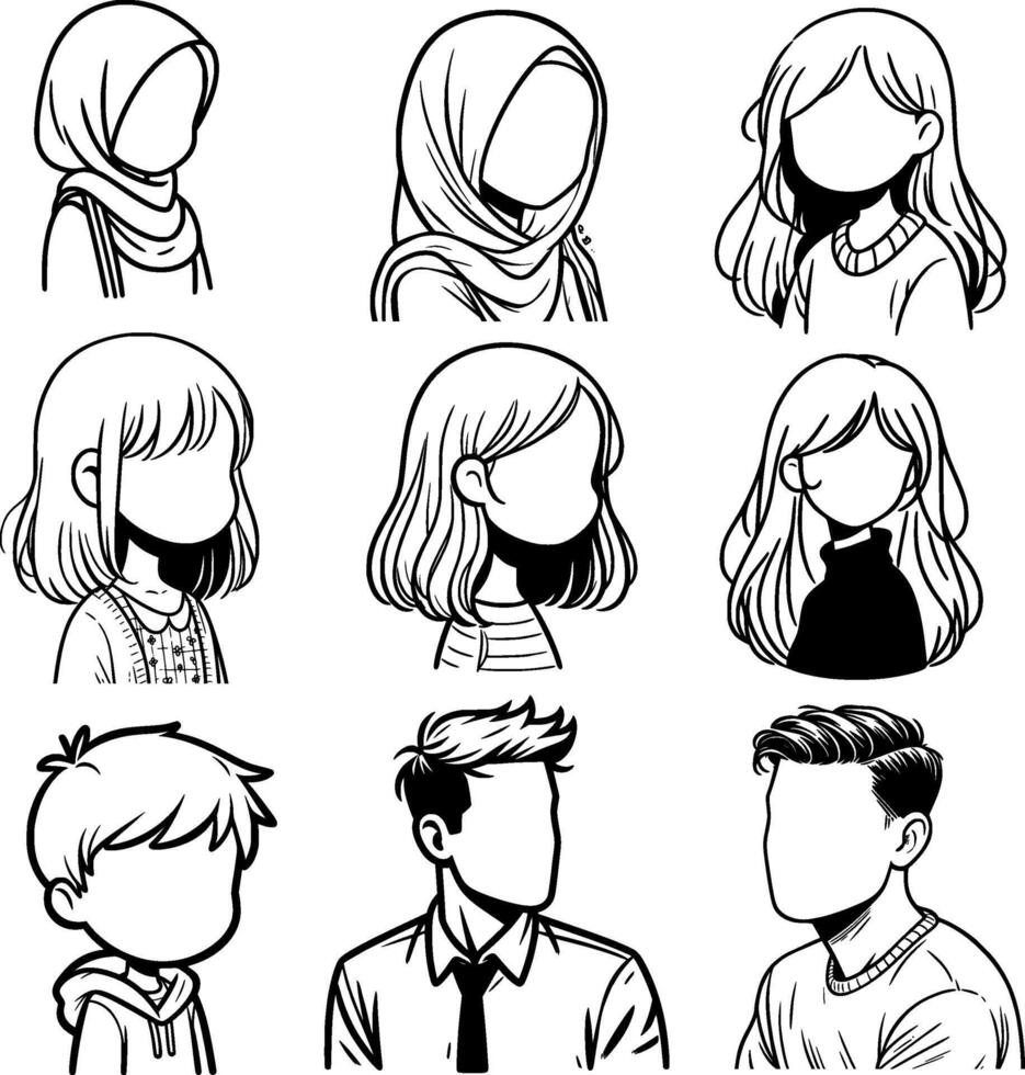 set of avatar cartoon user profile image collection for UI mobile Male and female faces. Men and women portraits. Unknown or anonymous person outline stroke style illustrations vector