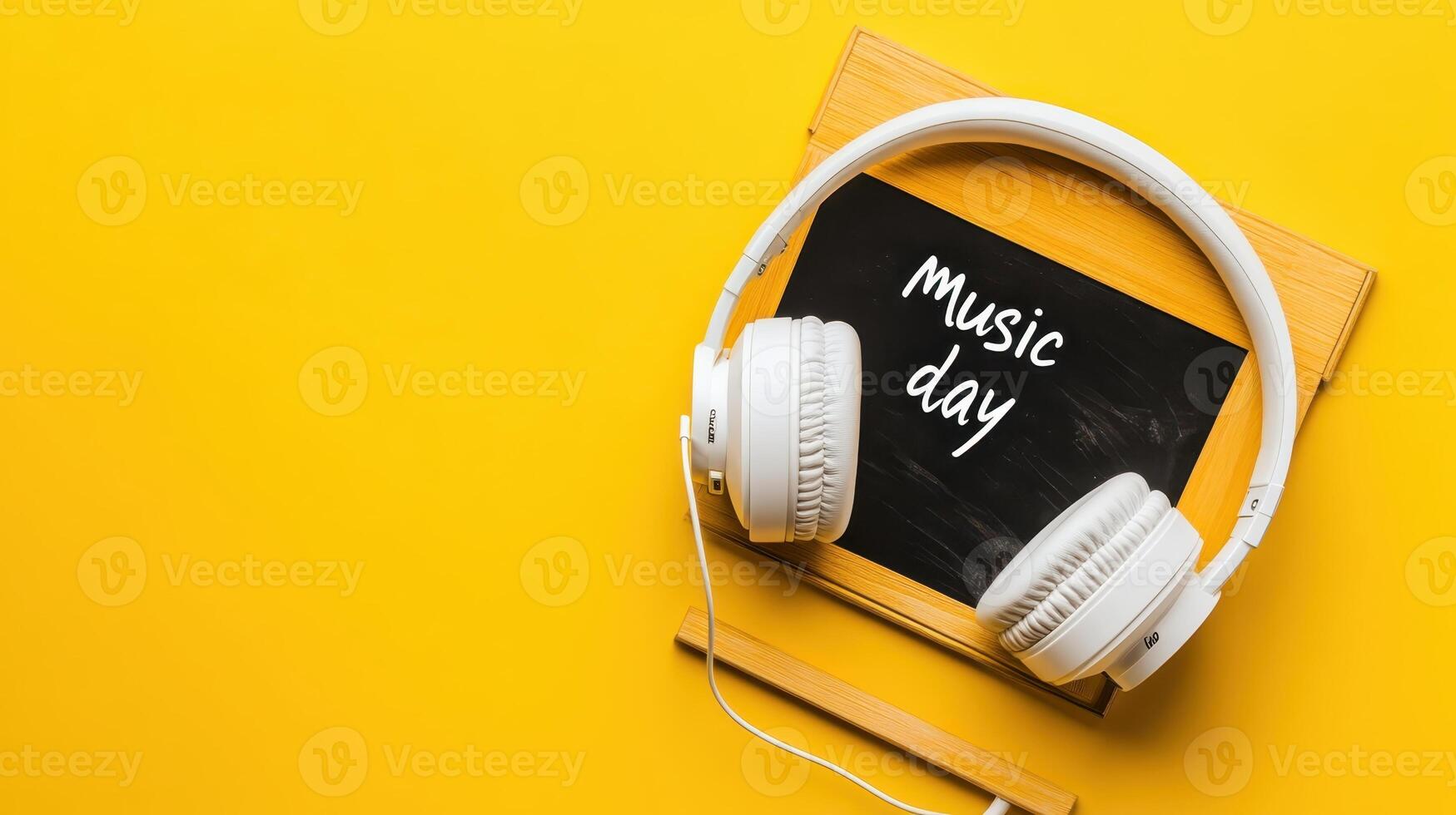 Celebrate music day with vibrant headphones and a cheerful yellow backdrop emphasizing the joy of sound and rhythm photo